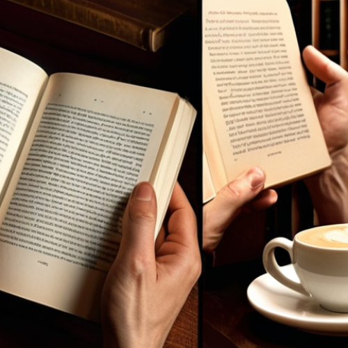 Home 7 A cozy, warm-toned indoor scene split into two halves. On the left, a person is deeply engrossed in a physical book, their fingers gently caressing the pages, with a subtle hint of steam rising from a coffee cup nearby, emphasizing the sensory ritual and tangible connection. On the right, the same person (or another) is sleekly holding a modern e-reader, with a faint, almost ethereal glow of thousands of tiny book covers or digital icons emanating from it, suggesting a vast, portable library, perhaps against a backdrop hinting at travel or minimalist living. The overall image contrasts the timeless romance of paper with the ultimate convenience of digital.