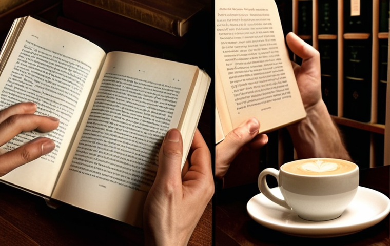 A cozy, warm-toned indoor scene split into two halves. On the left, a person is deeply engrossed in a physical book, their fingers gently caressing the pages, with a subtle hint of steam rising from a coffee cup nearby, emphasizing the sensory ritual and tangible connection. On the right, the same person (or another) is sleekly holding a modern e-reader, with a faint, almost ethereal glow of thousands of tiny book covers or digital icons emanating from it, suggesting a vast, portable library, perhaps against a backdrop hinting at travel or minimalist living. The overall image contrasts the timeless romance of paper with the ultimate convenience of digital.
